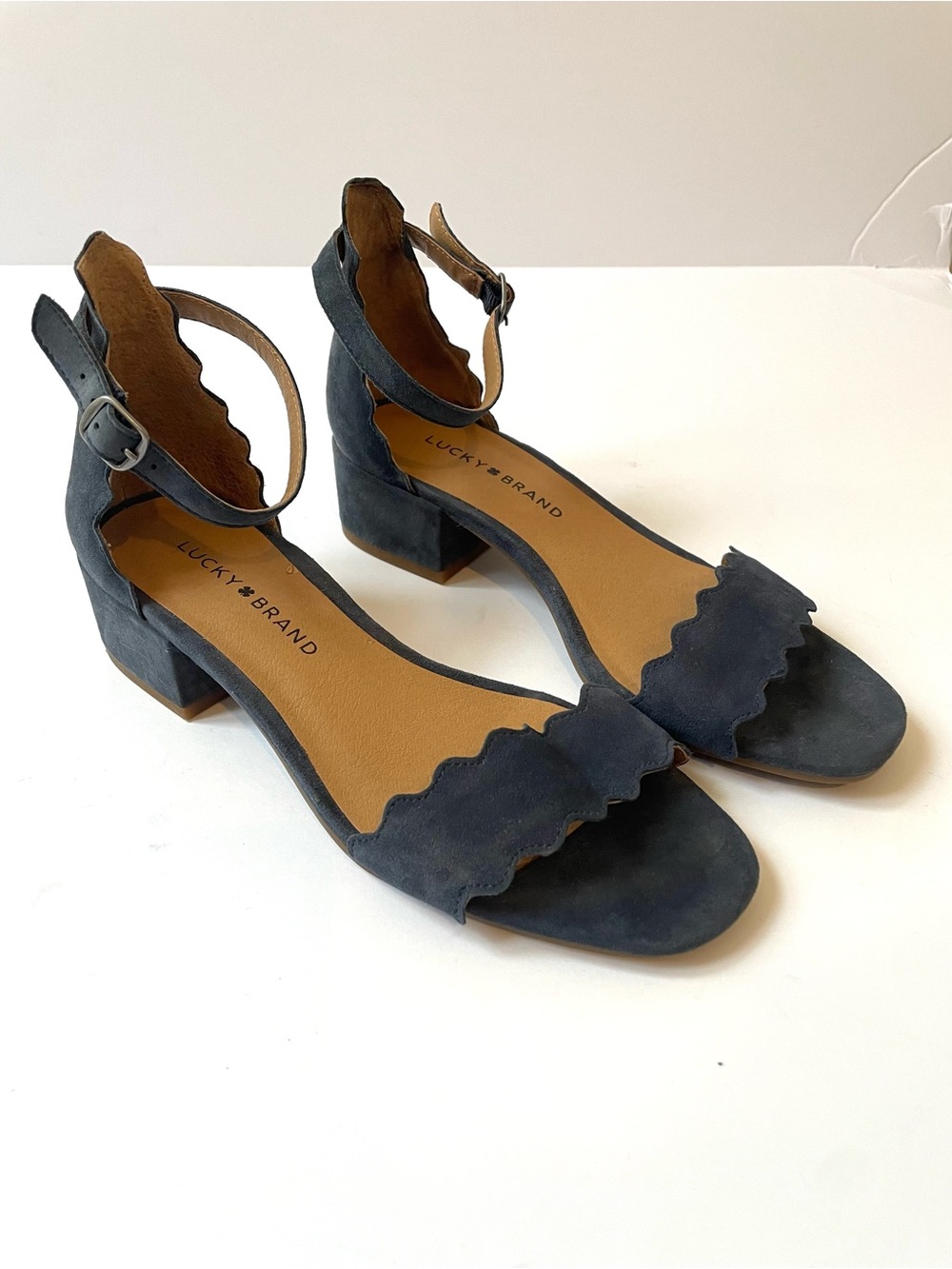 Lucky Brand Navy Scalloped Ankle-Strap Low Block Heel Sandals